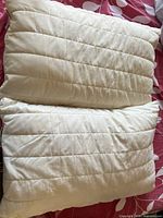 Two standard size white cotton pillows placed overlapping each other, exhibiting discoloration and stains on fabric surface. Horizontal quilted stitched lines visible, indicating pillow design and pattern.