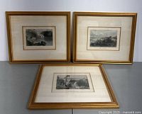 Three framed vintage art prints arranged on a flat surface