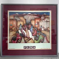 Full view of the framed art poster 'The Squash Blossom' by Amado Peña, showing vibrant colors and the entire scene with a burgundy mat and silver frame.