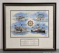 Full view of the framed artwork showing the four steamships artwork, central ship wheel, and descriptive plaque beneath.