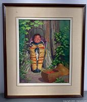 Framed original painting on board showing child wrapped in a blanket standing by tree with basket and foliage