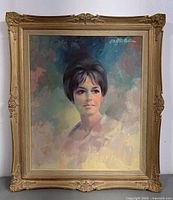 Full view of the framed portrait painting on canvas, showcasing the entire artwork and ornate frame.