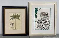 Two framed prints side by side: one botanical palm tree print in black frame, one black and white leopard print in cream frame