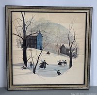 Full front view of the framed print showing the winter scene with children ice skating and playing in the snow.