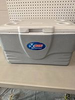 Closed Coleman Xtreme cooler showing front logo and gray/white color scheme.