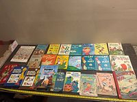 Full view of the assortment of children's books laid out on a table, showing titles and general condition.
