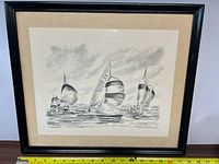 Framed ink drawing showing overall artwork and frame, approximately 16" x 19" in size.