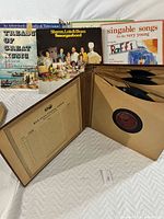 Photo showing a portion of the vinyl collection, including 'Treasures of Great Music', Sharon, Lois & Bram 'Smorgasbord', and Raffi's 'Singable Songs' albums, as well as some 78 RPM records partially visible in sleeves.