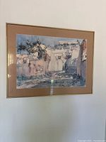 Full view of the framed watercolour painting showing the Anacapri scene with buildings and yard under natural light.