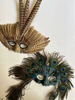 Two feather masks laid flat on white surface: pheasant feather mask with long upright feathers and peacock feather mask with eye pattern feathers.