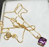 Full view of pendant and gold chain laid on white cushion