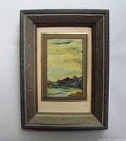 Framed miniature oil painting showing full frame and painting with double mat.