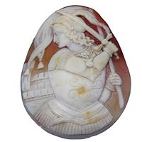 Front view of carved shell cameo showing Joan of Arc profile
