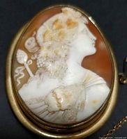 Front view of oval shell cameo brooch showing the carved female profile.