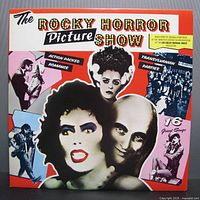 Front cover of The Rocky Horror Picture Show 1975 vinyl record showing colorful character images and title text.