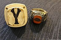 Photo showing two sports team rings resting on a fabric surface, left is New York Yankees ring with large Y logo, right is San Francisco 49ers ring with orange logo and team inscription