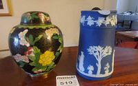 Cloisonné ginger jar and jasperware pitcher side by side
