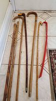Six wooden canes and red plastic shoehorn laid on floor