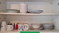 Cabinet shelves showing bowls, plates and mugs