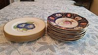 Two stacks of plates: left Royal Worcester morning glory, right Mason’s cobalt and gilt floral