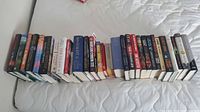 Row of approximately 34 hardcover books on bed