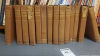 Row of 13 brown-cloth Dickens volumes showing uniform covers and spine wear