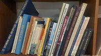 Shelf with assorted hardcover and paperback books leaning