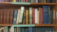 Two shelves filled with assorted vintage hardcover books, various titles and colours