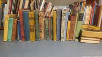 Front view of entire group of vintage children’s books standing upright with additional stack to right