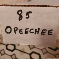 Close-up image of white box with handwritten label '85 OPEECHEE'.
