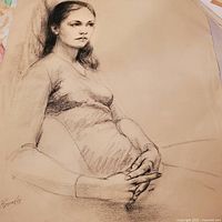 Full body charcoal sketch of a seated woman with hands clasped, showing signature 'Besunder'