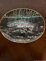 Front view of oval porcelain plate showing detailed Rainbow Trout illustration and gold rim