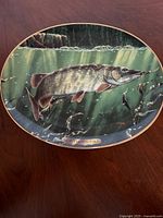 Front of porcelain decorative plate featuring underwater Northern Pike design with smaller fish and light rays in background and gold trim around rim.