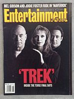 Front cover of Entertainment Weekly magazine featuring Star Trek cast members Patrick Stewart, Gates McFadden, and Jonathan Frakes on black background with headline 'TREK Inside the Tense Final Days'.
