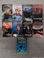 Front covers of 9 Star Trek Voyager novels arranged in three rows: Bless the Beasts, The Garden, Threshold, The Black Shore, Marooned, Echoes, Seven of Nine, Death of a Neutron Star, and Battle Lines.