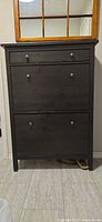 Front view of black-brown IKEA Hemnes shoe cabinet