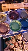 Six colored glass salad plates in tote