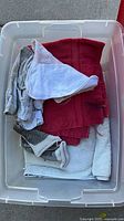 Clear plastic bin containing red and gray cotton towels and rags