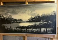 Front view of monochrome landscape painting with frame and signature visible