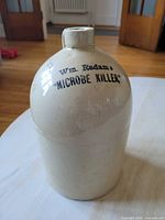 Front view of WM Radam's Microbe Killer jug showing printed text on stoneware surface and overall jug shape with narrow neck and spout.