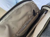 Interior view of backpack showing light-colored fabric lining with noticeable stains and an inner zippered pocket.