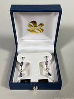 Blue presentation box open showing both earrings mounted on white insert with gold logo inside lid