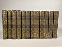 Twelve vintage hardcover books standing side by side showing full spines with gold embossed titles and decorations.