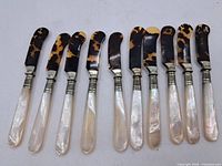 Full set of 10 butter knives laid out showing handles and blades