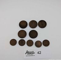 Top view showing all ten Canadian pennies arranged in two rows along with Atomic Collectibles label.