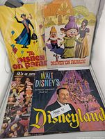 Photo showing four Disneyland souvenir books stacked, highlighting covers of the 1974 and 1971 Disney on Parade editions, It's a Small World, and Walt Disney's pictorial souvenir book of Disneyland.