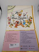 Photo showing front cover and partial legend of 1976 Magic Kingdom Park map with Disney characters and attraction names.