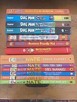 Stack of thirteen children’s books showing all spines