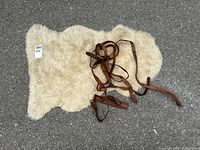 Full view of small sheepskin rug with attached leather straps on asphalt ground.