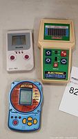 Three vintage handheld electronic games: Coleco Electronic Quarterback, GOK-78B Balloon, MB Battleship, showing front view and controls